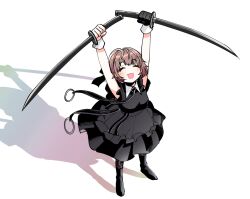 Rule 34 | 1girl, :3, arms up, black dress, boots, brown hair, closed eyes, commentary request, dress, dual wielding, highres, holding, holding sword, holding weapon, idolmaster, idolmaster shiny colors, ikuta haruki, katana, shadow, short hair, sleeveless, sleeveless dress, solo, standing, sword, weapon, white background, wrist cuffs, yorude guutarou