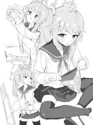 Rule 34 | + +, 1girl, ahoge, blue archive, blush, cardigan, drink, greyscale, gun, halo, highres, holding, holding drink, holding gun, holding weapon, long hair, long sleeves, milk carton, monochrome, multiple views, natsu (blue archive), neckerchief, open mouth, pleated skirt, sailor collar, side ponytail, simple background, skirt, thighhighs, translation request, umiwashi, weapon, white background