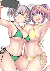 Rule 34 | 2girls, :q, absurdres, antenna hair, aoba (kancolle), bikini, blue eyes, breast press, breasts, cellphone, cleavage, green bikini, grey hair, hair between eyes, hair ornament, hair scrunchie, highres, kantai collection, kinugasa (kancolle), kuromayu, large breasts, multiple girls, one eye closed, open mouth, phone, ponytail, scrunchie, selfie, short twintails, side-tie bikini bottom, simple background, smartphone, swimsuit, tongue, tongue out, twintails, v, white background, yellow bikini