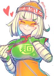 Rule 34 | 1girl, 2020, absurdres, arms (game), artist name, bangle, beanie, bob cut, bracelet, breasts, chinese clothes, chopsticks, closed eyes, commentary request, domino mask, flipped hair, food, foodgasm, gupunetsu, hand on own cheek, hand on own face, hat, heart, highres, holding, holding chopsticks, jewelry, kamaboko, large breasts, layered clothes, mandarin collar, mask, min min (arms), multicolored clothes, multicolored hat, narutomaki, orange hat, photoshop (medium), platinum blonde hair, simple background, smile, solo, split mouth, twitter username, upper body, white background
