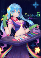Rule 34 | 1girl, arcade sona, blue eyes, blue hair, breasts, cleavage, earrings, gloves, hanami dango (zzldango), highres, jewelry, league of legends, long hair, multicolored hair, necklace, revision, smile, solo, sona (league of legends), star (symbol), twintails, ward (league of legends)