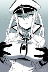 Rule 34 | 10s, 1girl, anchor choker, blue theme, breast hold, breasts, capelet, commentary request, female focus, gloves, unworn gloves, graf zeppelin (kancolle), hat, ikeshita moyuko, kantai collection, large breasts, looking at viewer, monochrome, sidelocks, sketch, solo, twintails