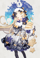 Rule 34 | 1girl, :d, ^ ^, abigail williams (fate), black bow, black pantyhose, blonde hair, blush, bow, closed eyes, commentary request, dress, dress bow, fate/grand order, fate (series), food, fork, fur-trimmed sleeves, fur trim, grey background, grey dress, hair bow, hand on own cheek, hand on own face, hat, keyhole, long hair, long sleeves, open mouth, orange bow, pancake, pantyhose, parted bangs, plate, sacanahen, sleeves past fingers, sleeves past wrists, smile, solo, striped, vertical stripes, very long hair