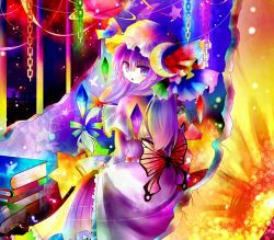 Rule 34 | 1girl, book, bug, butterfly, chain, colorful, crescent moon, crystal, female focus, from behind, hat, insect, kazu (muchuukai), long hair, looking at viewer, looking back, moon, patchouli knowledge, purple eyes, purple hair, solo, touhou