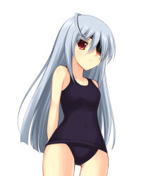 Rule 34 | 10s, 1girl, ash (pixiv53802), eyepatch, infinite stratos, laura bodewig, long hair, one-piece swimsuit, red eyes, school swimsuit, silver hair, solo, swimsuit, thigh gap, thighs
