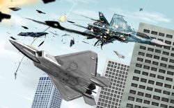 Rule 34 | ace combat, ace combat assault horizon, aerial battle, aircraft, airplane, bad id, bad pixiv id, battle, building, city, crushing, damaged, day, explosion, f-22, fighter jet, flying, highres, jet, military, military vehicle, no humans, ragi (00203), sky, smoke, smoking, su-37, vehicle focus