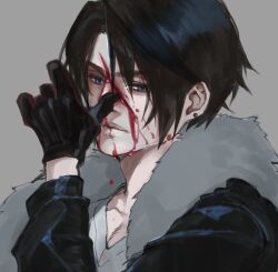 Rule 34 | 1boy, black gloves, black jacket, bleeding, blood, blood on face, blue eyes, brown hair, earrings, expressionless, final fantasy, final fantasy viii, fur-trimmed jacket, fur trim, gloves, hand on own face, injury, jacket, jewelry, male focus, nini tw99, scar, scar on face, shirt, short hair, simple background, solo, squall leonhart, stud earrings, v-neck, white shirt