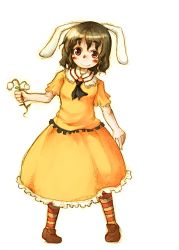 Rule 34 | 1girl, animal ears, black hair, blush, brown footwear, eyebrows, female focus, flower, full body, holding, inaba tewi, kome (404), legs apart, looking at viewer, multicolored clothes, multicolored legwear, pantyhose, rabbit ears, red eyes, shirt, shoes, short hair, short sleeves, simple background, skirt, skirt set, smile, solo, standing, striped clothes, striped legwear, striped pantyhose, touhou, white background, yellow shirt, yellow skirt