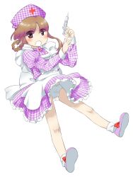 Rule 34 | 1girl, apron, asymmetrical hair, bow, braided hair rings, brown hair, cross, dress, eyes visible through hair, footwear bow, frilled dress, frills, hat, holding, holding syringe, juliet sleeves, long sleeves, nonamejd, nurse cap, official style, panties, pantyshot, parted bangs, pink eyes, pink footwear, plaid, plaid dress, plaid headwear, puffy sleeves, red bow, red cross, rika (touhou), shoes, simple background, sleeve cuffs, socks, solo, syringe, touhou, touhou (pc-98), underwear, white apron, white background, white panties, white socks, zun (style)