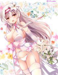 Rule 34 | 1girl, :d, areola slip, bare shoulders, bouquet, breasts, brown eyes, cameltoe, center opening, cleavage, commentary request, cowboy shot, dress, elbow gloves, flower, garter belt, gloves, groin, hair flower, hair ornament, headband, holding, holding bouquet, ichiyou moka, kantai collection, large breasts, long hair, looking at viewer, navel, no bra, open mouth, panties, shoukaku (kancolle), smile, solo, stomach, thighhighs, thighs, twitter username, underwear, wedding dress, white dress, white flower, white gloves, white hair, white panties, white thighhighs