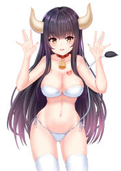 Rule 34 | 1girl, :d, absurdres, bad id, bad pixiv id, bare arms, bare shoulders, bell, bikini, black hair, blush, breasts, broken heart, brown eyes, cameltoe, cleavage, collar, collarbone, cow girl, cow horns, cow tail, cowboy shot, gluteal fold, groin, hands up, heart, heart tattoo, highres, horns, large breasts, long hair, looking at viewer, navel, open mouth, original, shiinakazee, side-tie bikini bottom, simple background, skindentation, smile, solo, standing, stomach, swimsuit, tail, tattoo, thighhighs, very long hair, white background, white bikini, white thighhighs