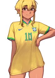 Rule 34 | 1girl, 2022 fifa world cup, absurdres, arm at side, blonde hair, brazil, brown eyes, commentary, cowboy shot, dark-skinned female, dark skin, elf, elfheim, english commentary, hair between eyes, hand on own hip, highres, looking at viewer, nil sunna, no pants, original, pointy ears, shirt, short hair, short sleeves, sidelocks, simple background, smile, solo, sunna (nilsunna), t-shirt, white background, world cup, yellow shirt