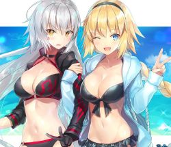 Rule 34 | 2girls, ;d, ahoge, anger vein, bikini, black bikini, black gloves, black jacket, blonde hair, blue eyes, blue jacket, blue sky, blush, braid, breasts, choker, cleavage, cloud, collarbone, day, fate (series), gloves, hair between eyes, hairband, holding another&#039;s arm, hood, hooded jacket, jacket, jeanne d&#039;arc alter (swimsuit berserker) (fate), jeanne d&#039;arc (fate), jeanne d&#039;arc (ruler) (fate), jeanne d&#039;arc (swimsuit archer) (fate), jeanne d&#039;arc (swimsuit archer) (first ascension) (fate), jeanne d&#039;arc alter (fate), jeanne d&#039;arc alter (swimsuit berserker) (fate), kagachi saku, large breasts, long hair, looking at viewer, multiple girls, o-ring, o-ring bikini, ocean, one eye closed, open clothes, open mouth, outdoors, outside border, shrug (clothing), signature, silver hair, single braid, sky, smile, swimsuit, v, very long hair, yellow eyes