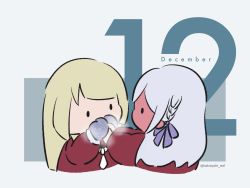 Rule 34 | 2girls, assault lily, blonde hair, blunt bangs, blush, braid, breath, chibi, commentary, covered mouth, december, eye contact, face-to-face, full-face blush, grey background, grey hair, hair ribbon, hand to own mouth, hands up, highres, holding hands, kabayaki (kabayaki eel), kanba girls high school uniform, kon kanaho, long hair, long sleeves, looking at another, mittens, miyagawa takane, multiple girls, necktie, no mouth, outstretched arms, profile, purple ribbon, red shirt, ribbon, school uniform, shirt, short necktie, twitter username, upper body, warming hands, white necktie, yuri