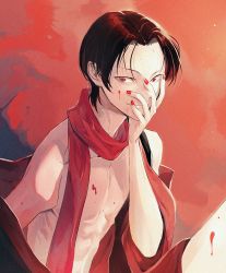 Rule 34 | 10s, 1boy, black hair, blood, blood on face, covering own mouth, hand over own mouth, highres, kashuu kiyomitsu, male focus, mole, mole under mouth, nail polish, parted bangs, parted hair, ponytail, red eyes, red nails, scarf, smile, solo, topless male, touken ranbu, yonsang21