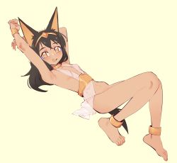 Rule 34 | 1girl, absurdres, animal ears, anklet, armpits, arms up, bare back, bare shoulders, barefoot, belt, blush, bracelet, breasts, brown eyes, brown hair, clothing aside, dark-skinned female, dark skin, eds, egyptian, egyptian clothes, egyptian mythology, eyeshadow, fang, feet, green background, hair ornament, headband, highres, jewelry, knees together feet apart, long hair, looking at viewer, lying, makeup, nail polish, open mouth, original, pelvic curtain, pelvic curtain aside, perky breasts, see-through, simple background, small breasts, smile, solo, tail, thighs, toe ring, toenail polish, toenails, toes
