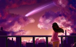Rule 34 | 10s, 1girl, absurdres, artist request, black hair, cloud, cloudy sky, comet, commentary, from behind, hair ribbon, highres, kimi no na wa., long hair, miyamizu mitsuha, aged up, red ribbon, ribbon, sky, solo