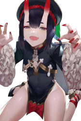 Rule 34 | 1girl, bell, black dress, black hat, blazpu, bob cut, braid, braided hair rings, breasts, china dress, chinese clothes, claw pose, cleavage cutout, clothing cutout, dress, eyeliner, fate/grand order, fate (series), frills, hair rings, hat, heroic spirit festival outfit, highres, horns, jiangshi, jingle bell, long sleeves, looking at viewer, makeup, nail polish, ofuda, oni, open mouth, peacock feathers, pelvic curtain, pointy ears, purple eyes, purple hair, qingdai guanmao, short hair, shuten douji (fate), shuten douji (festival outfit) (fate), skin-covered horns, small breasts, smile, solo, talisman, thighs, twin braids, wide sleeves