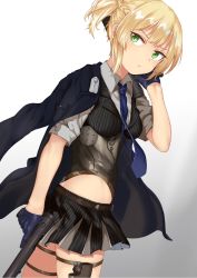 Rule 34 | 1girl, black gloves, blonde hair, blue gloves, blue necktie, blush, bolt action, braid, breasts, closed mouth, collared shirt, corset, cowboy shot, dual wielding, girls&#039; frontline, gloves, green eyes, gun, half gloves, handgun, highres, holding, holding gun, holding weapon, holster, integral suppressor, integrally-suppressed firearm, looking at viewer, manual firearm, medium breasts, momoiro lettuce, necktie, pinstripe pattern, pinstripe vest, pleated skirt, shirt, short hair, sidelocks, simple background, skindentation, skirt, solo, striped clothes, striped skirt, striped vest, suppressor, thigh holster, thighs, twintails, vest, weapon, welrod, welrod mk ii, welrod mkii (girls&#039; frontline), white shirt