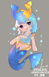 Rule 34 | 1girl, artist name, blue eyes, blue hair, blue tank top, chibi, dated, fish hair ornament, full body, hair ornament, highres, jewelry, looking at viewer, medium hair, mermaid, midriff, monster girl, necklace, original, pearl necklace, pisces (constellation), pisces (zodiac), solo, tank top, yi er san, zodiac