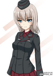 Rule 34 | 10s, 1girl, black hat, black jacket, blue eyes, closed mouth, commentary, dated, dress shirt, flipper, garrison cap, girls und panzer, hat, itsumi erika, jacket, kuromorimine military uniform, long hair, long sleeves, looking at viewer, military, military hat, military uniform, miniskirt, one-hour drawing challenge, pleated skirt, red shirt, red skirt, shirt, silver hair, skirt, smile, solo, standing, twitter username, uniform, upper body