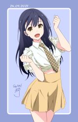 Rule 34 | 1girl, blue hair, breast pocket, clenched hand, collared shirt, dated, frilled sleeves, frills, hands up, highres, long hair, looking at viewer, midriff, necktie, nii manabu, open mouth, original, plaid necktie, plaid neckwear, pleated skirt, pocket, purple background, shirt, short sleeves, signature, simple background, skirt, smile, solo, standing, white shirt, yellow eyes, yellow skirt