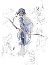 Rule 34 | 1girl, artist request, asirpa, black hair, bow (weapon), golden kamuy, highres, multiple views, sketch, weapon, white background