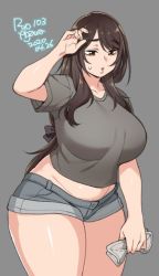 Rule 34 | 1girl, 2020, agawa ryou, belly, breasts, brown eyes, brown hair, commentary, curvy, dated, grey background, huge breasts, long hair, looking down, original, parted lips, plump, short shorts, shorts, simple background, solo, sweatdrop, thick thighs, thighs, wide hips