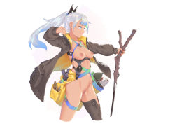 Rule 34 | 1girl, bigrbear, black jacket, black thighhighs, blue eyes, blue hair, breasts, bridal garter, cleft of venus, gun, holding, holding gun, holding weapon, jacket, long hair, looking away, medium breasts, multicolored hair, navel, nipples, open clothes, open jacket, original, ponytail, pussy, silver hair, simple background, single thighhigh, solo, standing, thighhighs, weapon, white background