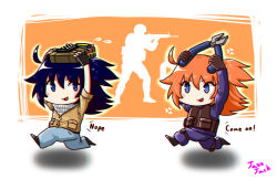 Rule 34 | 2girls, ammunition pouch, anger vein, antenna hair, bad deviantart id, bad id, black gloves, blue eyes, blue hair, blue pants, bomb, brown shirt, chibi, clippers, counter-strike, counter-strike (series), counter-strike 2, denim, explosive, fingerless gloves, full body, gloves, holding, holding bomb, jazz jack, long hair, long sleeves, looking at another, multiple girls, open mouth, orange background, orange hair, original, pants, pouch, running, scarf, shirt, short sleeves, sweat, tactical clothes, two-tone background, vest, white background