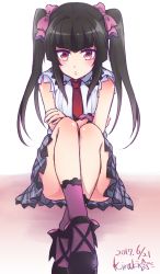 Rule 34 | 1girl, absurdres, artist name, black hair, blunt bangs, crossed arms, dated, hair ribbon, highres, kiraki, looking at viewer, lydian academy school uniform, mary janes, necktie, pink socks, red eyes, red necktie, ribbon, school uniform, scrunchie, senki zesshou symphogear, shoes, simple background, sitting, skirt, sleeveless, socks, solo, star (symbol), tsukuyomi shirabe, twintails, white background