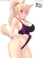 Rule 34 | animal ear fluff, animal ears, bare arms, bare shoulders, black one-piece swimsuit, blonde hair, blush, breasts, cat ears, cat girl, cat tail, cleavage, collarbone, commentary, competition swimsuit, cowboy shot, from side, hair ornament, hair scrunchie, highres, large breasts, long hair, looking at viewer, navel, nottytiffy, one-piece swimsuit, original, parted lips, patreon username, ponytail, red eyes, scrunchie, sideboob, simple background, slit pupils, smile, solo, swimsuit, tail, tiffy (nottytiffy), wedgie, white background