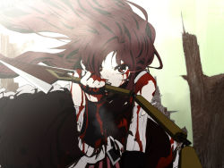 Rule 34 | 1girl, alternate hairstyle, bad id, bad pixiv id, bare shoulders, biting, blood, blood+, blood on clothes, bloody tears, detached sleeves, floating hair, glaring, glowing, glowing eyes, grip, hair over eyes, long hair, looking at viewer, magical girl, mahou shoujo madoka magica, mahou shoujo madoka magica (anime), open mouth, parody, polearm, pride chicken, red eyes, red hair, sakura kyoko, serious, solo, spear, weapon