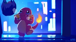 Rule 34 | 1other, :&gt;, bag, blue eyes, charmander, claws, closed mouth, commentary request, creatures (company), fangs, fire, fire, flame-tipped tail, game freak, gen 1 pokemon, hands up, highres, holding, looking to the side, looking up, nintendo, pokemon, pokemon (creature), pot, shopping bag, smile, standing, standing on one leg, uno yuuji