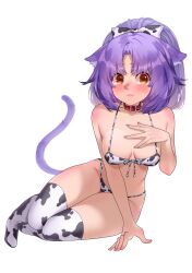 Rule 34 | 1girl, :3, absurdres, animal ear fluff, animal ears, animal print, arm support, bare arms, bare shoulders, belt collar, bikini, blush, bow, breasts, breasts apart, cat ears, cat girl, cat tail, cinnamon (nekopara), closed mouth, collar, commentary, commission, cow print, cow print bikini, cow print thighhighs, curvy, english commentary, eyelashes, front-tie bikini top, front-tie top, full body, groin, hair bow, halterneck, hand on own chest, happy, highres, lips, looking at viewer, medium breasts, nekopara, nipples, no shoes, orange eyes, parted bangs, ponytail, print bikini, print bow, print thighhighs, purple hair, sitting, smile, solo, sumisumii, swimsuit, tail, tareme, thighhighs, thighs, toenails, toes, white background, white bikini, white thighhighs, yokozuwari
