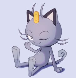 Rule 34 | alolan form, alolan meowth, arm support, closed mouth, commentary request, creatures (company), fangs, fangs out, full body, game freak, gen 7 pokemon, grey background, grey eyes, highres, looking at viewer, nintendo, no humans, one eye closed, pokemon, pokemon (creature), ruinai, sitting, smile, solo, toes
