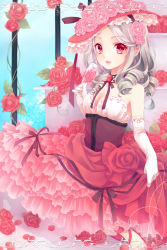 Rule 34 | 1girl, bare shoulders, cup, dress, drinking glass, elbow gloves, flower, frills, gloves, hat, highres, kuroi (liar-player), original, red eyes, rose, silver hair, solo, wine glass