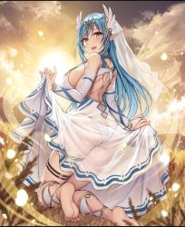 Rule 34 | 1girl, ass, bare shoulders, barefoot, blue hair, breasts, detached sleeves, evertale, full body, highres, large breasts, long hair, looking at viewer, open mouth, pointy ears, see-through, smile, solo, thighs, veil, yellow eyes