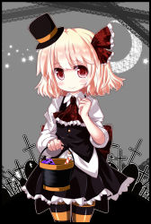 Rule 34 | 1girl, adapted costume, ascot, bad id, blonde hair, blush, bucket, candy, cocozasa, food, framed, graveyard, hair ribbon, halloween, hat, highres, long sleeves, looking at viewer, mini hat, mini top hat, pantyhose, red eyes, ribbon, rumia, shirt, skirt, skirt set, smile, solo, striped clothes, striped pantyhose, top hat, touhou, vest