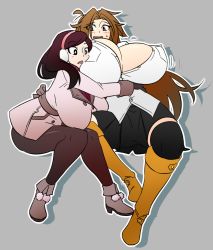 Rule 34 | 2girls, ankle boots, beryl (junkpuyo), black eyes, black legwear, blush, blush stickers, boots, borrowed character, bouncing breasts, breast awe, breast press, breasts, brown eyes, brown hair, cleavage, coat, commentary, crossover, earmuffs, ego trigger, english commentary, full body, gigantic breasts, hug, huge breasts, invisible chair, knee boots, long hair, looking at breasts, matsu-sensei, mattie (ego trigger), mittens, multiple girls, no bra, original, pantyhose, purple hair, purple legwear, ribbed sweater, sitting, sweatdrop, sweater, thighhighs, turtleneck, turtleneck sweater, very long hair, winter clothes, winter coat, yuri