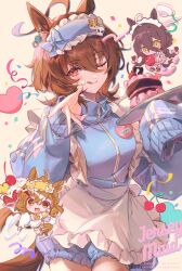 Rule 34 | 3girls, agnes tachyon (umamusume), ahoge, alternate costume, animal ears, apron, blue jacket, blush, braid, brown eyes, brown hair, cake, cherry, chibi, chibi inset, closed mouth, commentary request, confetti, cup, food, food on face, frilled apron, frills, fruit, hair between eyes, heart, holding, holding plate, horse ears, horse girl, horse tail, jacket, jersey maid, jungle pocket (umamusume), long hair, long sleeves, looking at viewer, maid, manhattan cafe (umamusume), multiple girls, name tag, notched ear, one eye closed, open mouth, plate, red eyes, short hair, sleep mask, sleeves past fingers, sleeves past wrists, smile, tail, teacup, tongue, tongue out, twin braids, umamusume, unconventional maid, welchino, white apron
