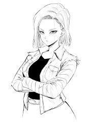Rule 34 | 1girl, android 18, belt, blonde hair, bob cut, breast pocket, breasts, denim, dragon ball, earrings, greyscale, hair behind ear, hair strand, highres, inoitoh, jacket, jewelry, large breasts, long sleeves, looking at viewer, monochrome, parted lips, pocket, short hair, simple background, sketch, skirt, sleeveless, solo, torn clothes, torn sleeves, white background