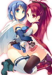 Rule 34 | 10s, 2girls, arms around waist, ass, bare shoulders, blue eyes, blue hair, boots, cape, clothes lift, detached sleeves, gloves, hand on own ass, hand under clothes, hand under skirt, hug, kneeling, long hair, magical girl, mahou shoujo madoka magica, mahou shoujo madoka magica (anime), miki sayaka, multiple girls, no panties, ponytail, red eyes, red hair, sakura kyoko, short hair, skirt, skirt lift, smile, staring, sweatdrop, takei ooki, thighhighs, thighs, yuri