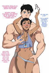 Rule 34 | 1boy, 1girl, alternate breast size, biceps, blush, breasts, clark kent, covered erect nipples, crisisbeat, crop top, dark-skinned female, dark skin, dc comics, english text, female pubic hair, glass, grabbing, grabbing another&#039;s breast, highres, holding, holding removed eyewear, lanyard, large breasts, lois lane, medium breasts, muscular, muscular male, my adventures with superman, panties, panty pull, pubic hair, pubic hair peek, simple background, superman (series), sweat, tall male, underwear, undressing another, unworn eyewear