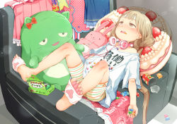 Rule 34 | 1girl, armchair, bare shoulders, barefoot, between toes, brown eyes, candy, candy wrapper, chair, clothes writing, collarbone, feet, food, food in mouth, futaba anzu, gomennasai, headphones, headphones around neck, holding, holding food, idolmaster, idolmaster cinderella girls, idolmaster cinderella girls starlight stage, light brown hair, long hair, low twintails, lying, off shoulder, on back, open mouth, polka dot, shirt, short shorts, short sleeves, shorts, soles, solo, striped clothes, striped shorts, stuffed animal, stuffed cat, stuffed rabbit, stuffed toy, toes, twintails, very long hair, white shirt, you work you lose
