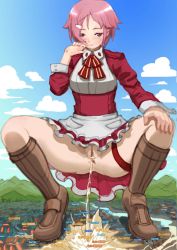 Rule 34 | 10s, blush, boots, censored, convenient censoring, giant, giantess, highres, knee boots, lisbeth (sao), no panties, peeing, pink hair, pussy, short hair, skirt, squatting, sword art online, upskirt