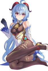 Rule 34 | 1girl, absurdres, ahoge, ass, bare shoulders, bell, black leotard, black pantyhose, blue gloves, blue hair, blush, bodystocking, bodysuit, breasts, chinese knot, detached sleeves, feet, flower knot, full body, ganyu (genshin impact), genshin impact, gloves, gold trim, high heels, highres, horns, leotard, leotard under clothes, long hair, looking at viewer, medium breasts, neck bell, pantyhose, purple eyes, sidelocks, sitting, smile, solo, thighlet, vision (genshin impact), white background, white sleeves, xila qian tang shi, yokozuwari