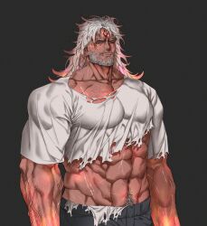 Rule 34 | 1boy, abs, bara, beard, biceps, black background, blood, blood on face, dobek k, facial hair, feet out of frame, hairy, highres, long hair, looking down, male focus, manly, mature male, multicolored hair, muscular, muscular male, navel hair, orange hair, original, pants, pectorals, red eyes, sam (dobek k), scar, shirt, simple background, solo, t-shirt, tan, thick arms, thick eyebrows, third eye, torn, torn clothes, white hair