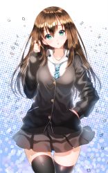 Rule 34 | 10s, 1girl, aile (crossroads), brown hair, cardigan, collared shirt, earrings, green eyes, hand in pocket, holding, holding own hair, idolmaster, idolmaster cinderella girls, jewelry, long hair, looking at viewer, necklace, necktie, playing with own hair, school uniform, shibuya rin, shirt, solo, thighhighs