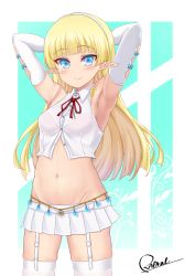 Rule 34 | 1girl, armpits, arms behind head, arms up, bare shoulders, blonde hair, blue eyes, bra, bra strap, bra visible through clothes, breasts, collared shirt, cowboy shot, crop top, dress shirt, elbow gloves, elf, elf no radral, garter straps, gloves, groin, hairband, highres, long hair, looking at viewer, medium breasts, midriff, miniskirt, navel, neck ribbon, original, partially unbuttoned, pink bra, pleated skirt, pointy ears, radral, ribbon, see-through, shirt, signature, skindentation, skirt, sleeveless, sleeveless shirt, smile, solo, standing, stomach, thighhighs, underwear, white gloves, white shirt, white skirt, white thighhighs, zettai ryouiki